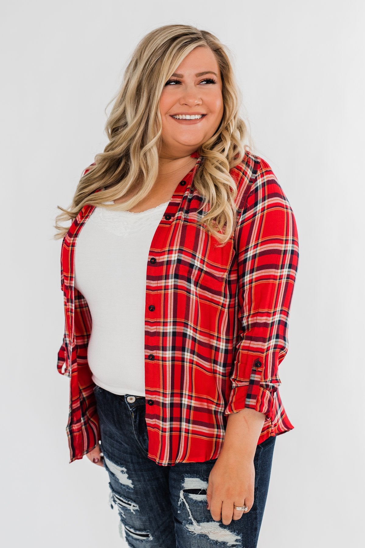 Hello Flannel Button Up Top- Red, Yellow, & Navy