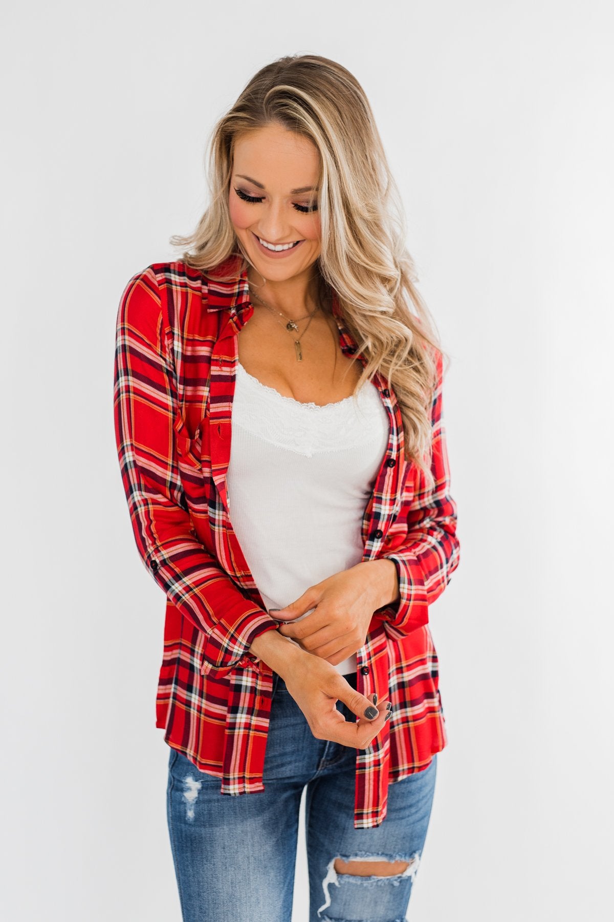 Hello Flannel Button Up Top- Red, Yellow, & Navy