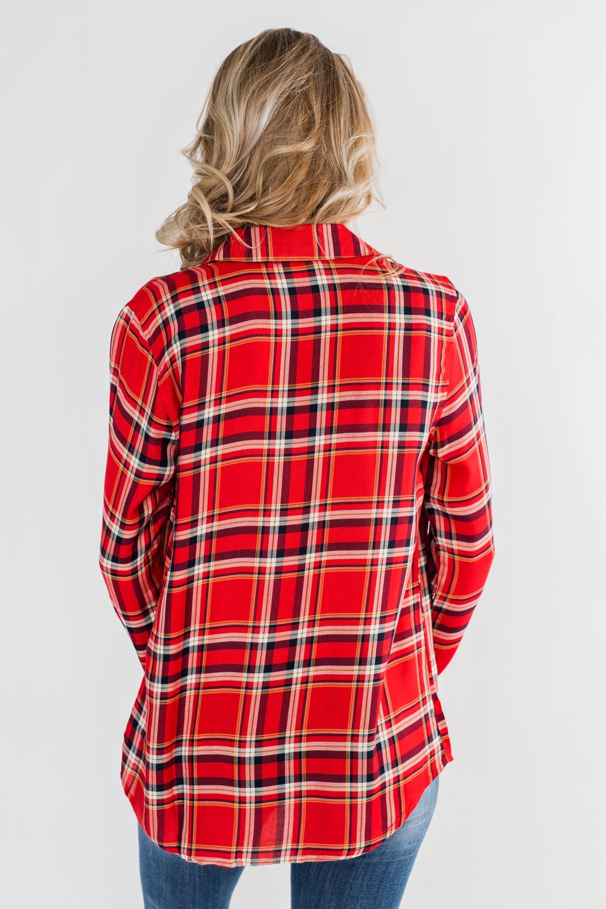 Hello Flannel Button Up Top- Red, Yellow, & Navy