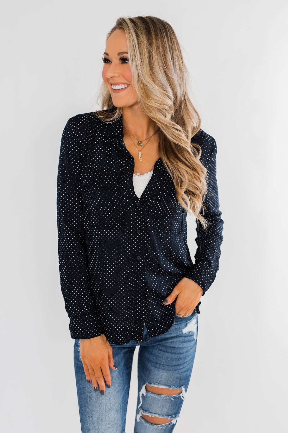 Perfect For Me Polka Dot Blouse- Navy