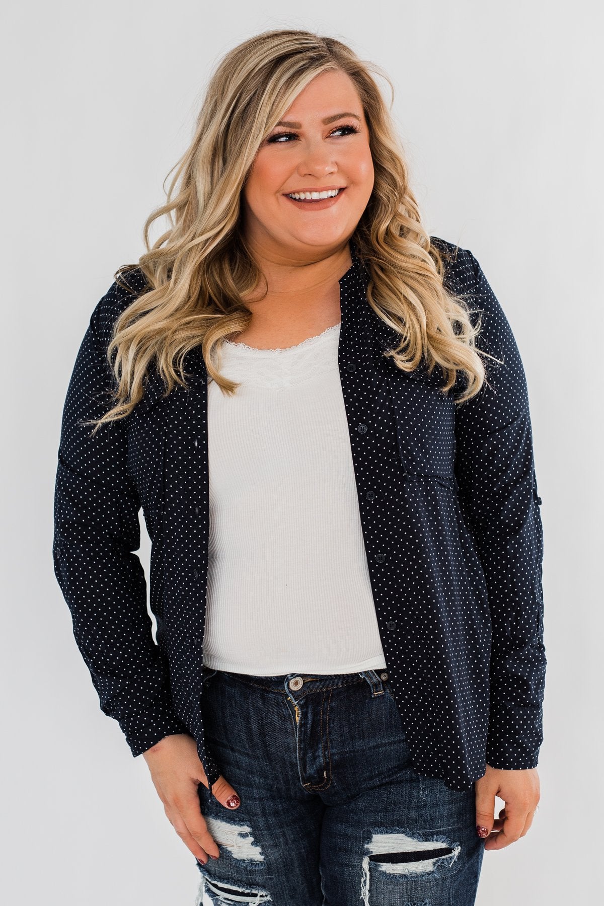 Perfect For Me Polka Dot Blouse- Navy