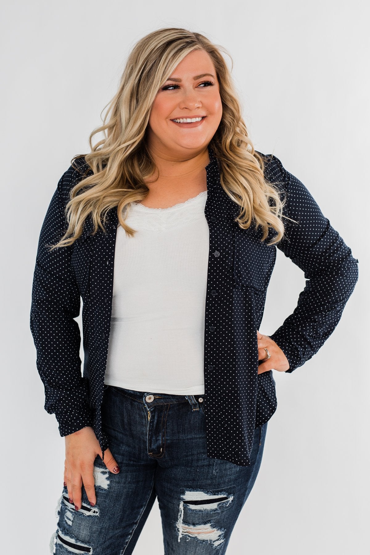 Perfect For Me Polka Dot Blouse- Navy