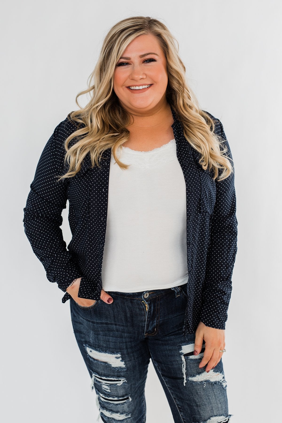 Perfect For Me Polka Dot Blouse- Navy