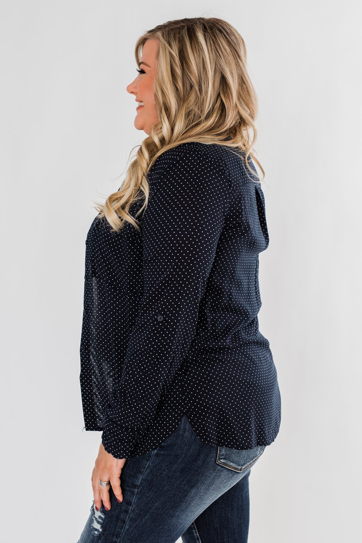 Perfect For Me Polka Dot Blouse- Navy
