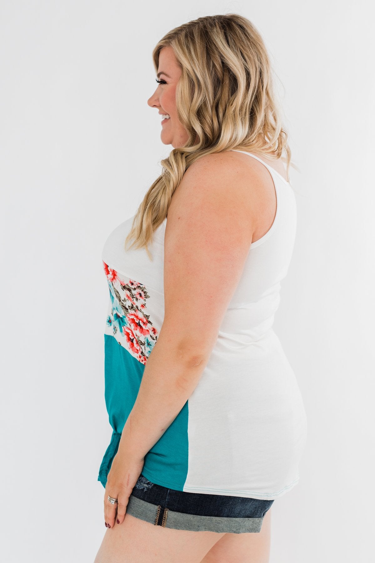 Come My Way Floral Color Block Tank Top- Teal