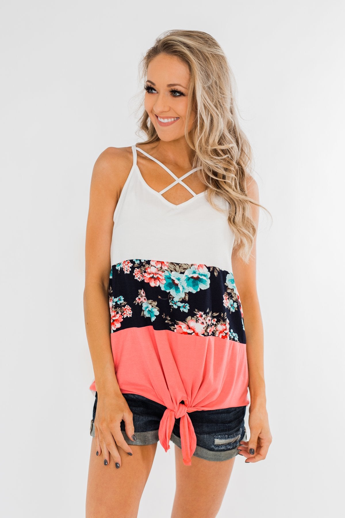 Come My Way Floral Color Block Tank Top- Pink