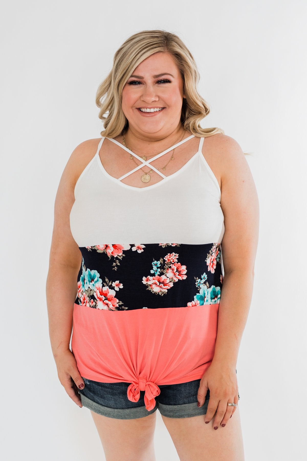 Come My Way Floral Color Block Tank Top- Pink