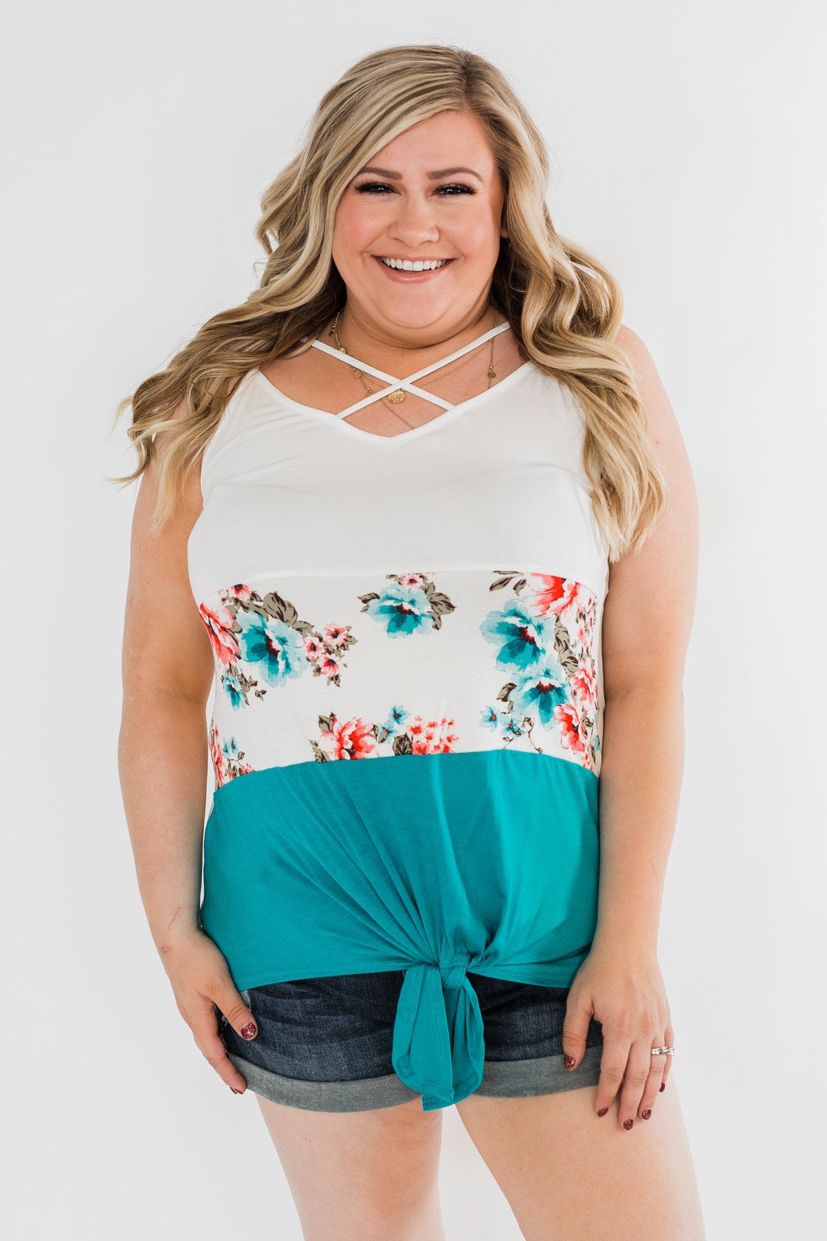 Come My Way Floral Color Block Tank Top- Teal