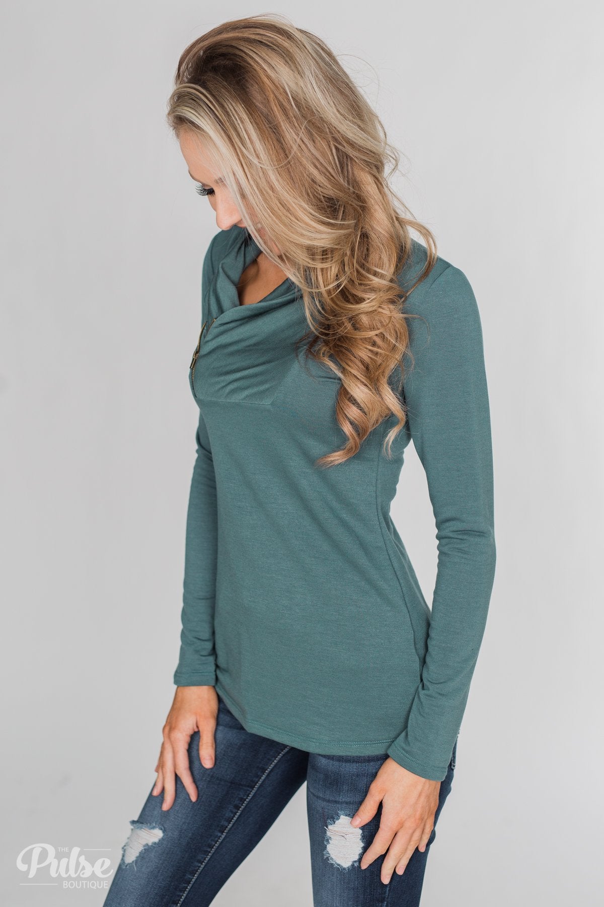 Give Me Time Zipper Pullover Top - Dark Teal