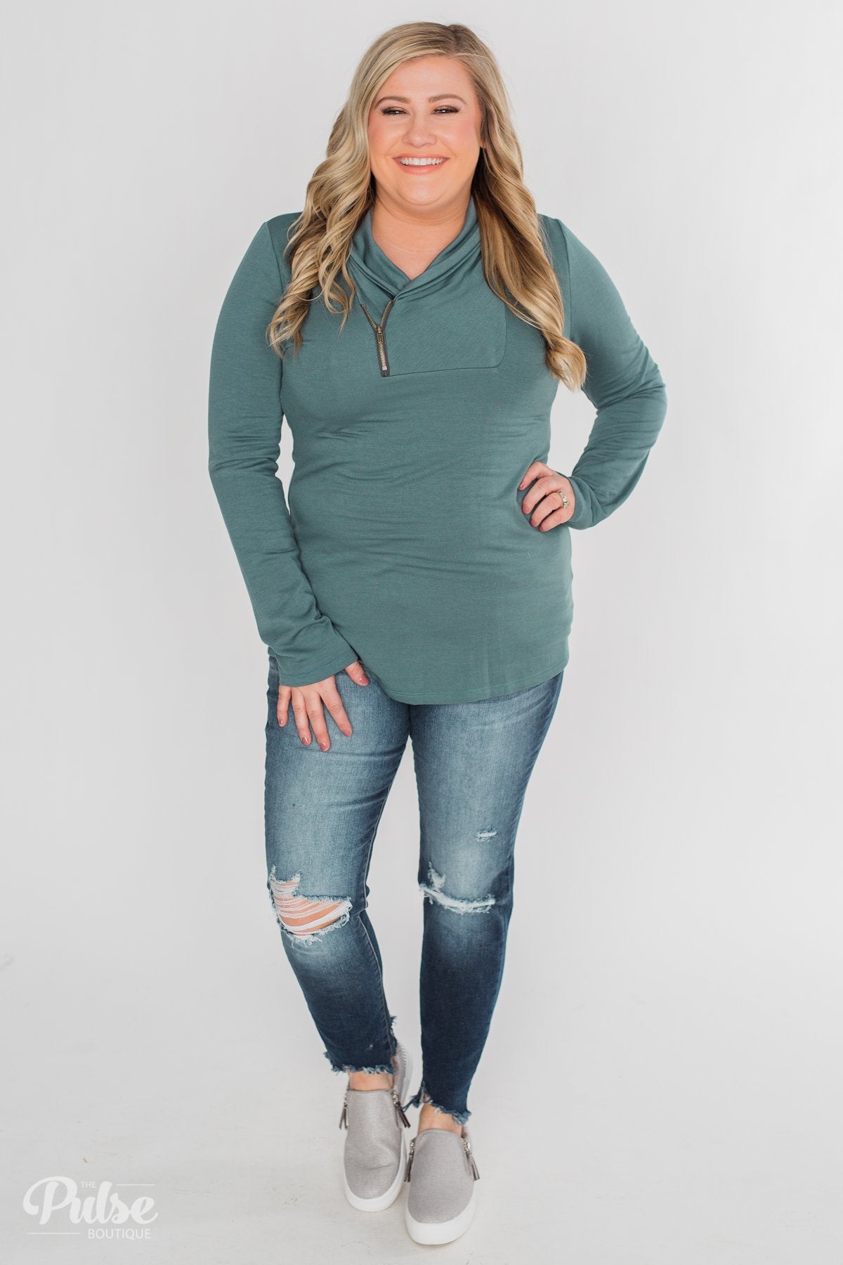 Give Me Time Zipper Pullover Top - Dark Teal