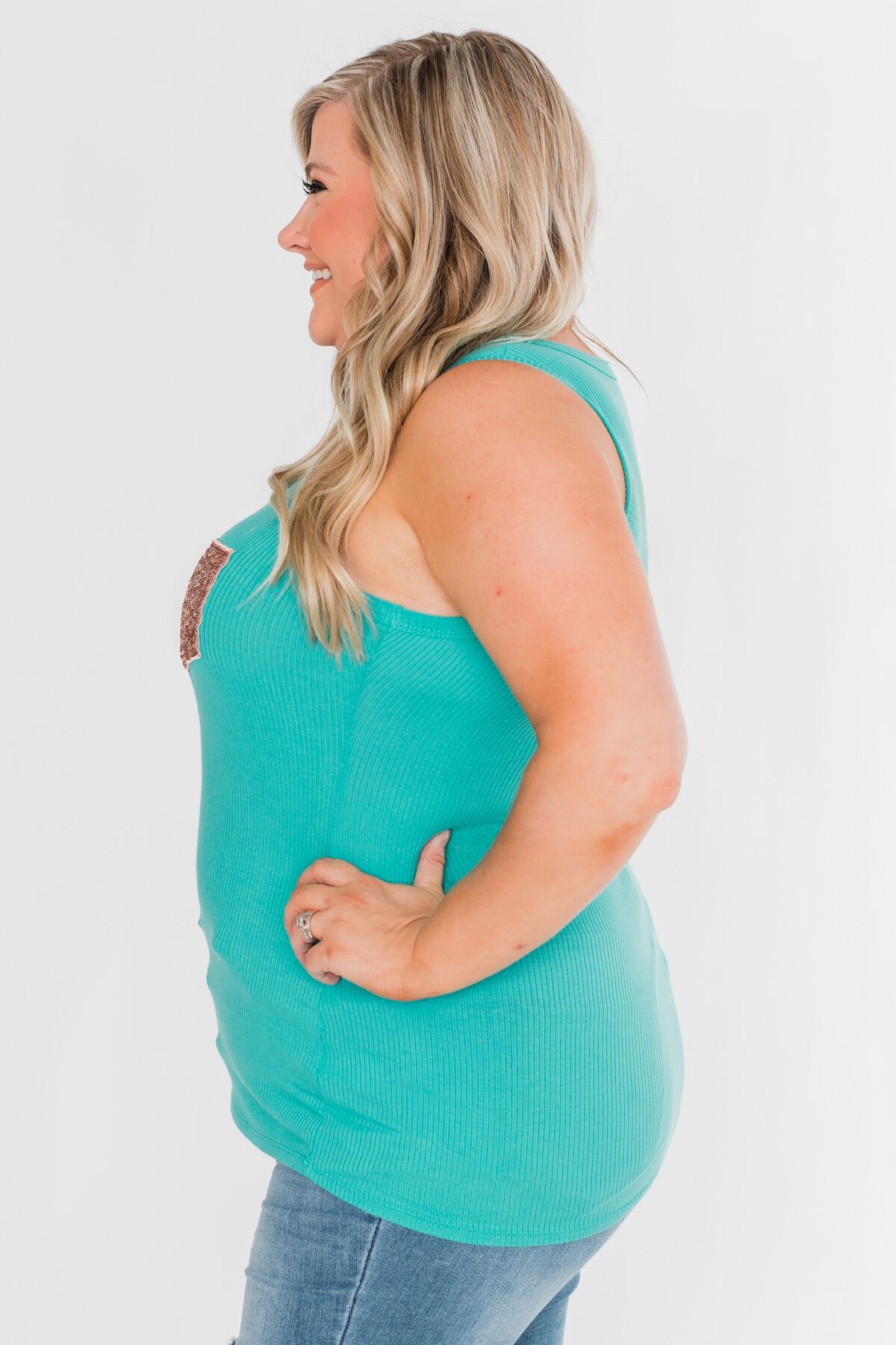 Hello Gorgeous Sequin Pocket Tank Top- Turquoise