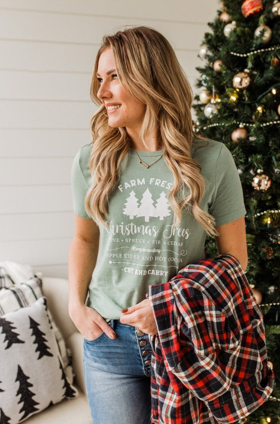 "Farm Fresh Christmas Trees" Graphic Tee- Sage