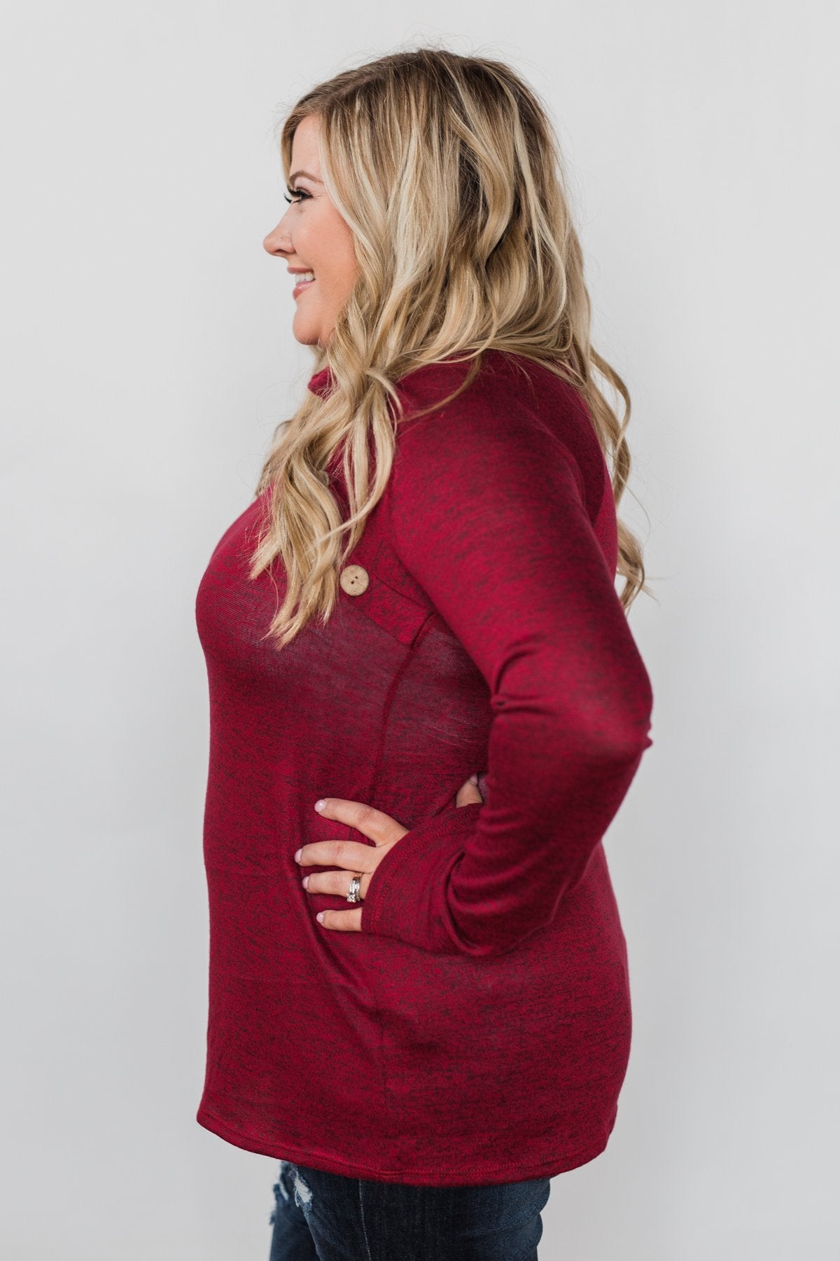 Charming Ways Cowl Neck Button Top- Red