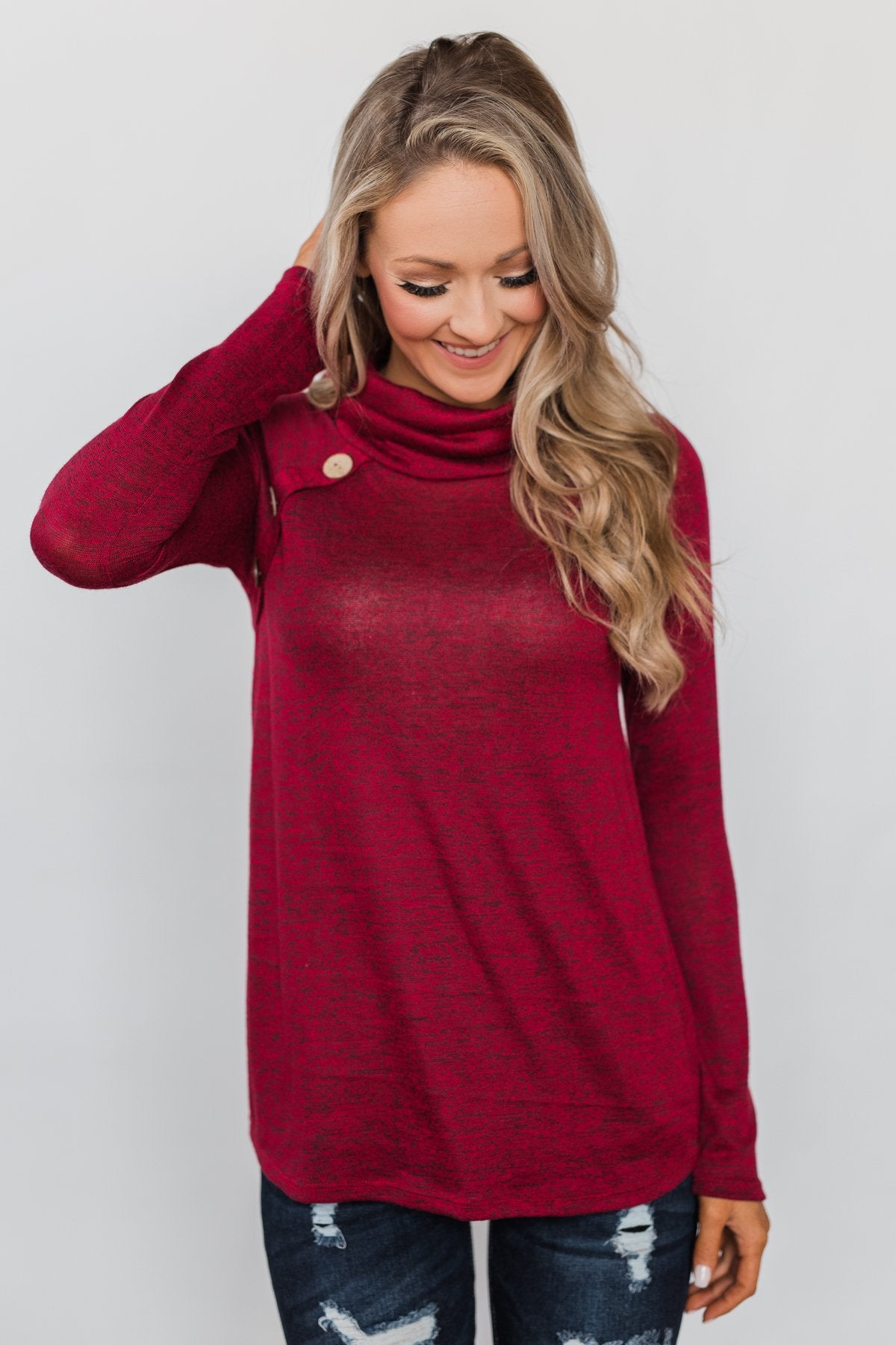 Charming Ways Cowl Neck Button Top- Red