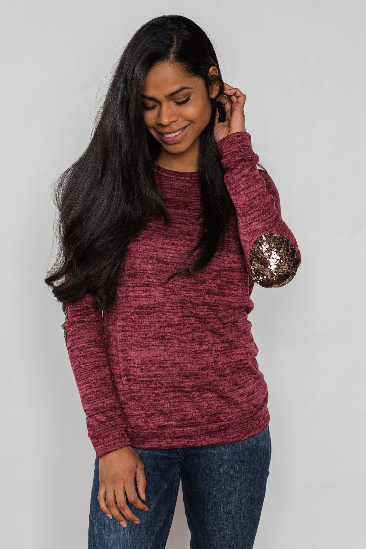 Just Enough Sequin Elbow Patch Sweater- Plum