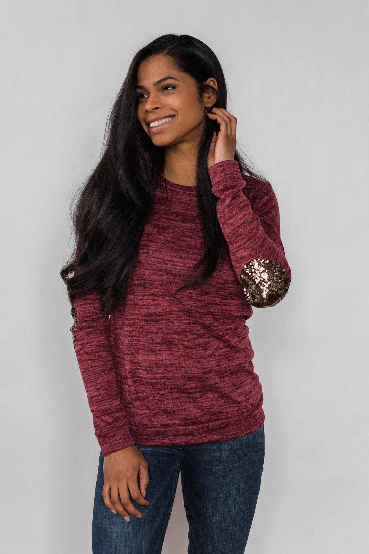 Just Enough Sequin Elbow Patch Sweater Plum The Pulse Boutique