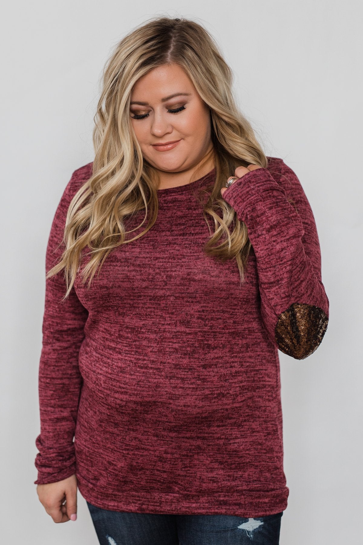 Just Enough Sequin Elbow Patch Sweater- Plum
