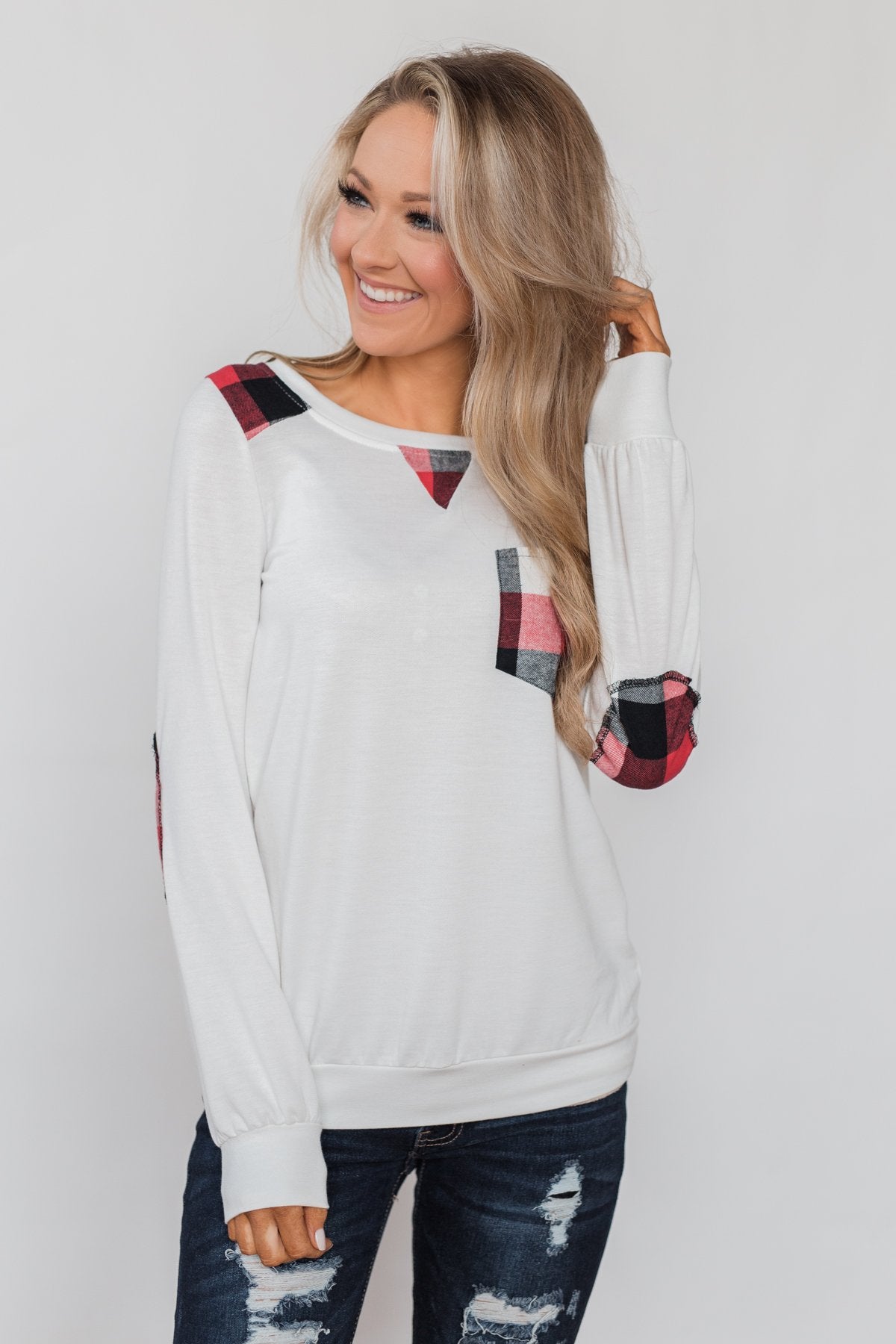 Tangled Up in Plaid Top- Ivory