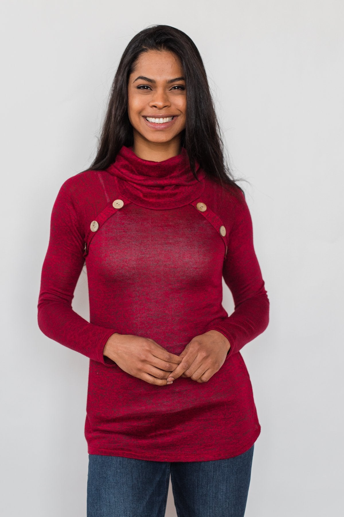 Charming Ways Cowl Neck Button Top- Red