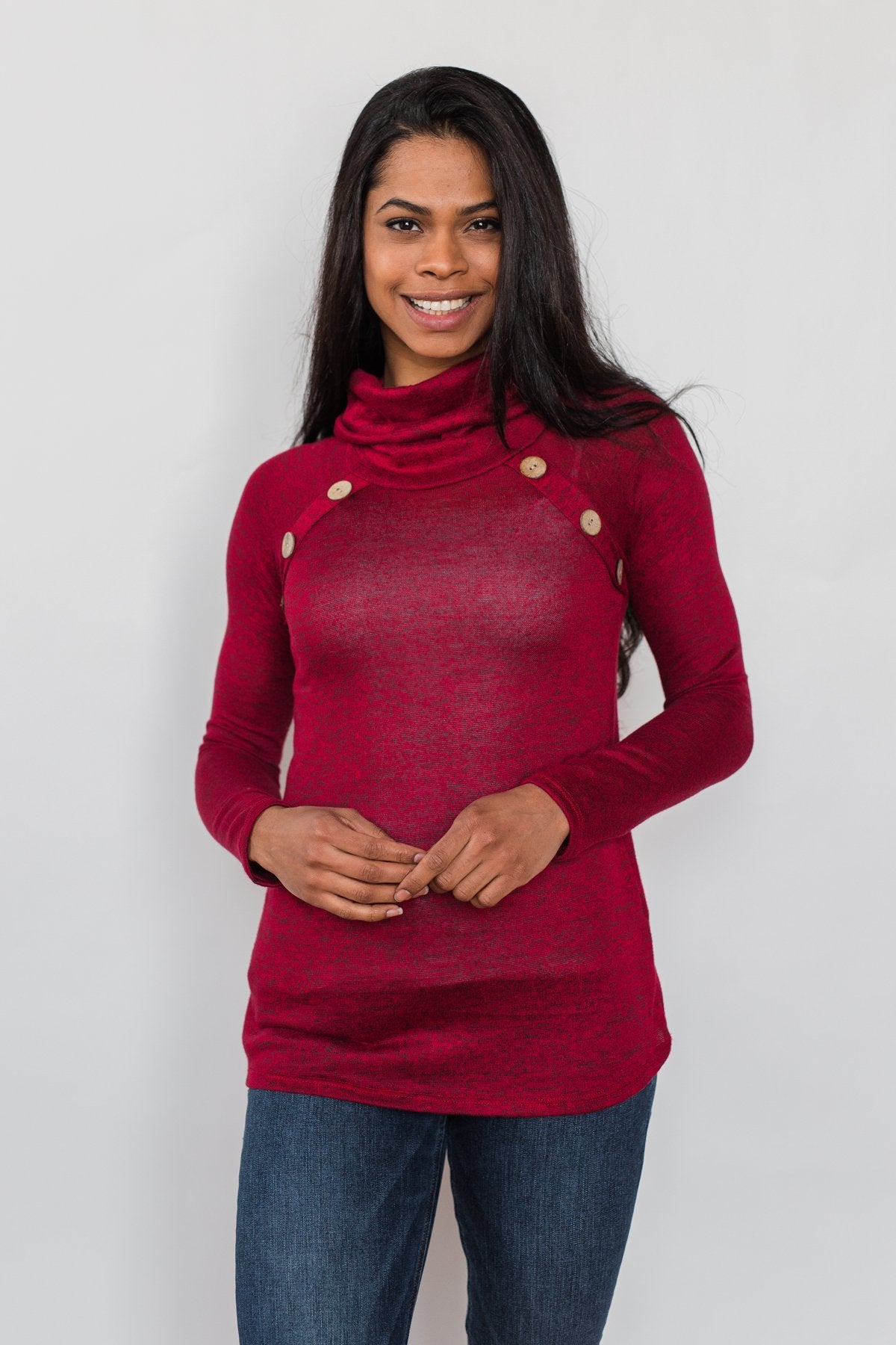 Charming Ways Cowl Neck Button Top- Red