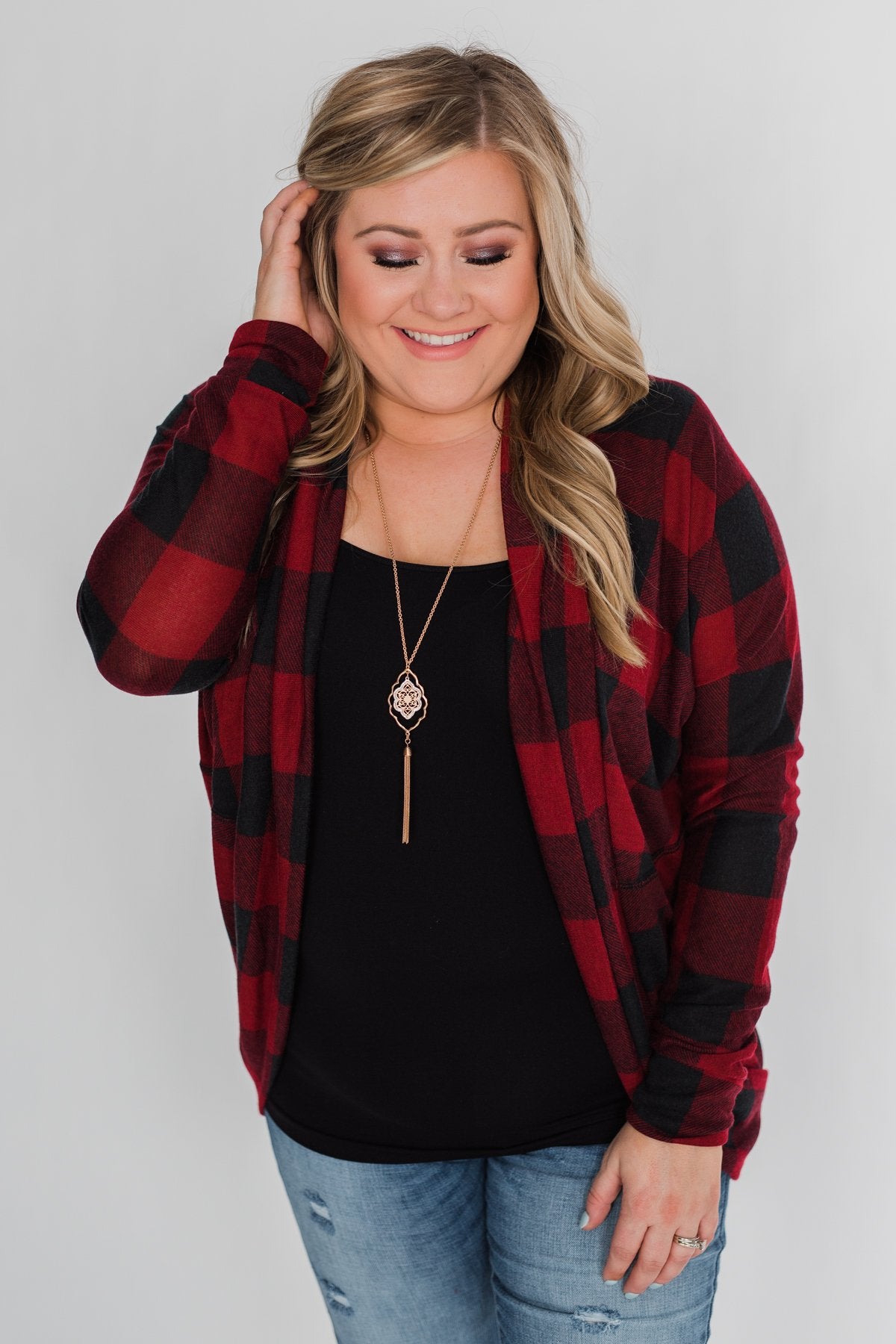 Buffalo Plaid Cardigan- Deep Red & Black
