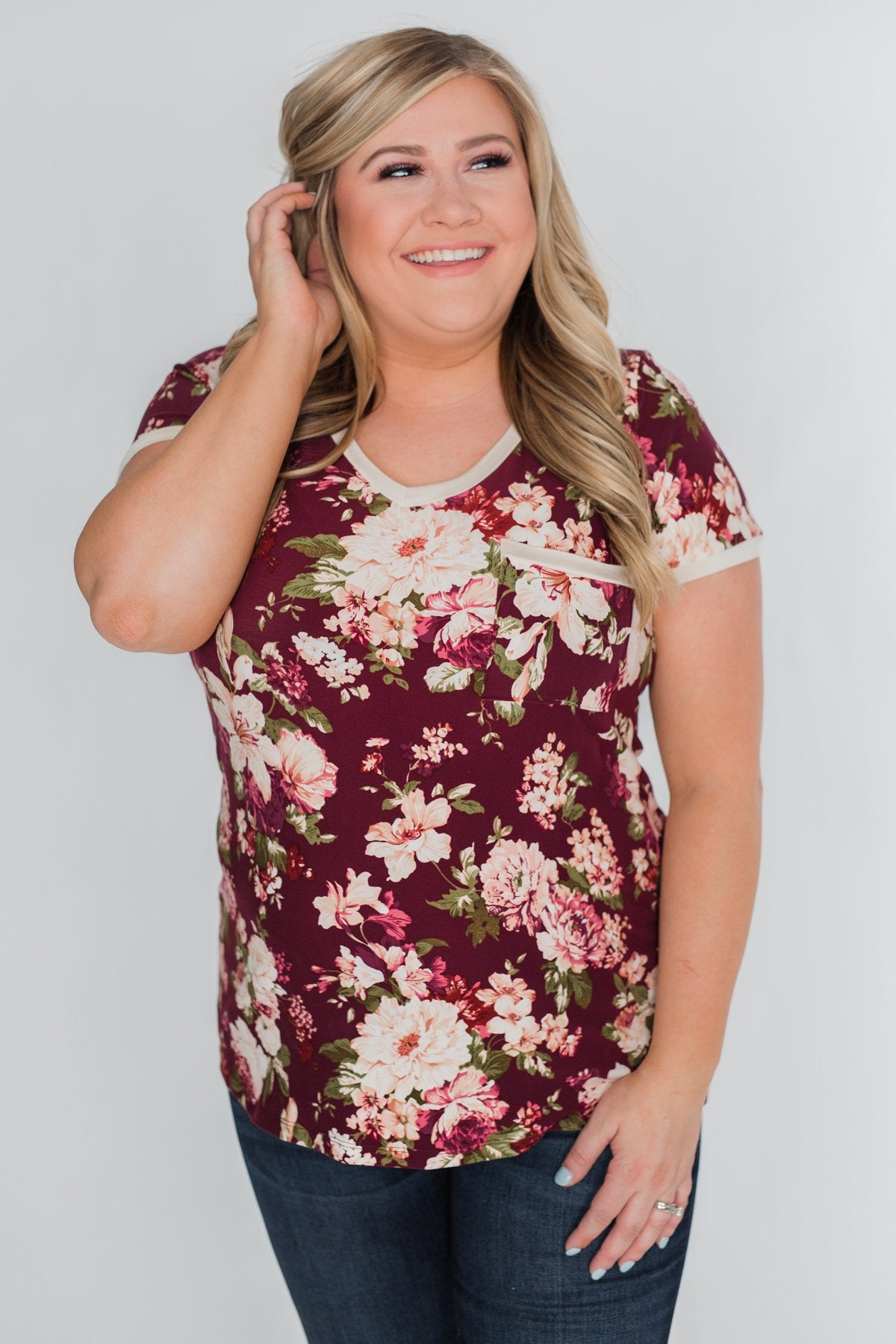 Love Grows Floral V-Neck Top- Eggplant