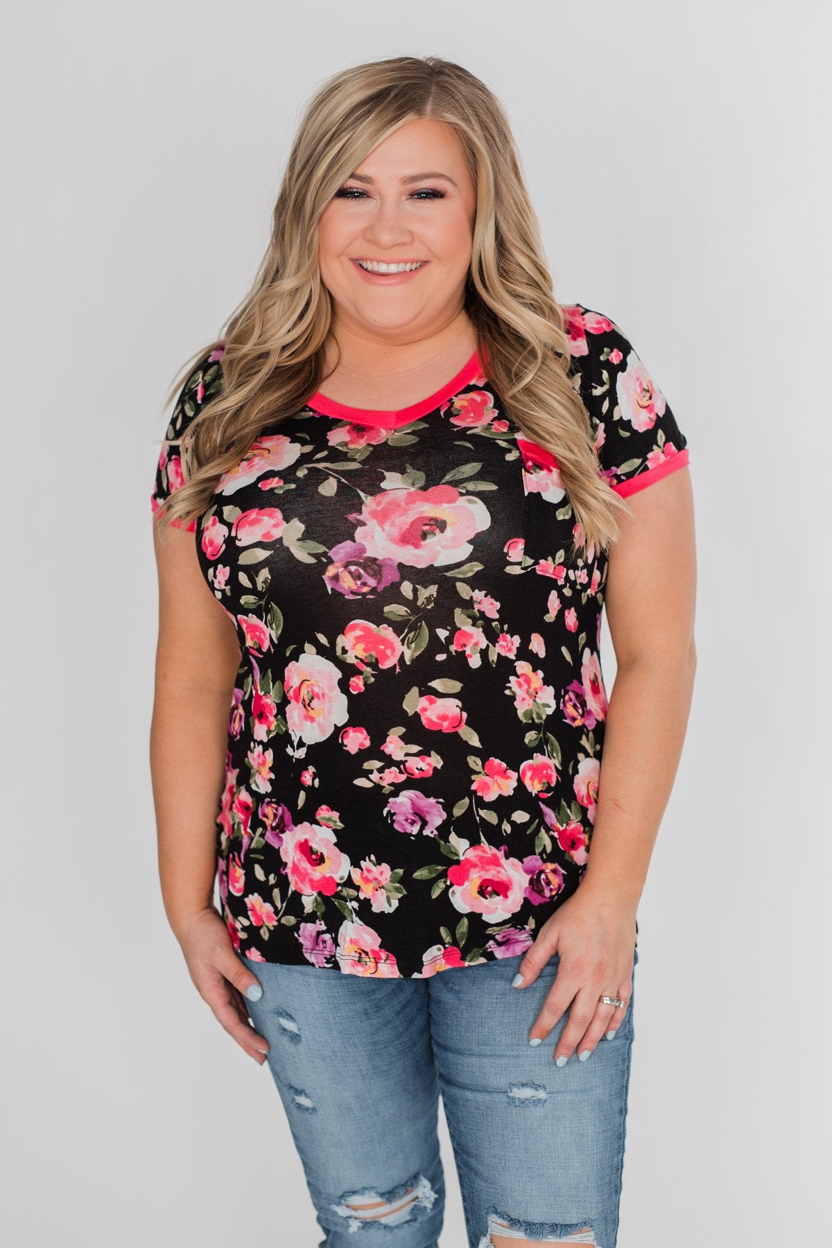 Borrow my Heart Floral V-Neck Pocket Top- Black