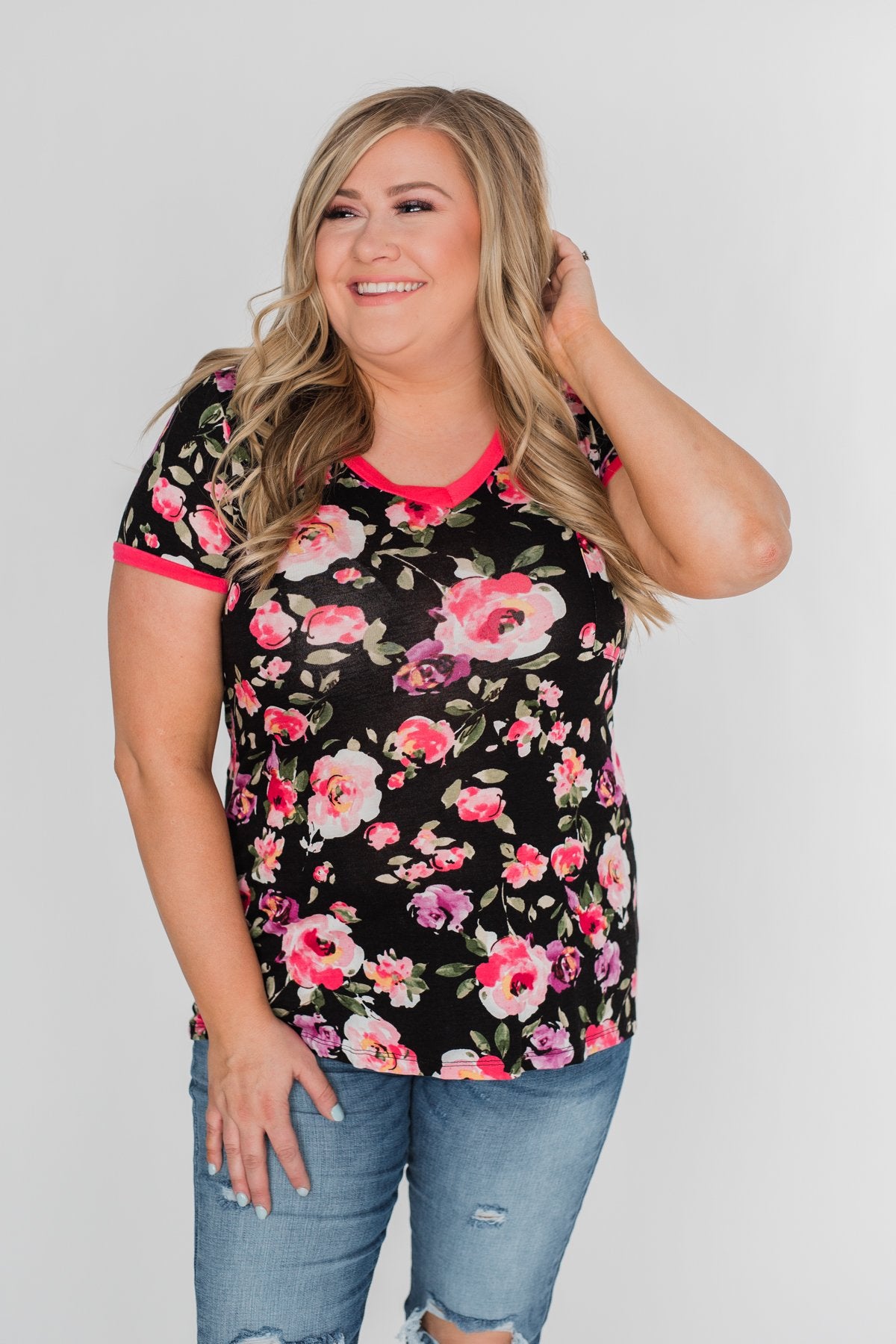 Borrow my Heart Floral V-Neck Pocket Top- Black
