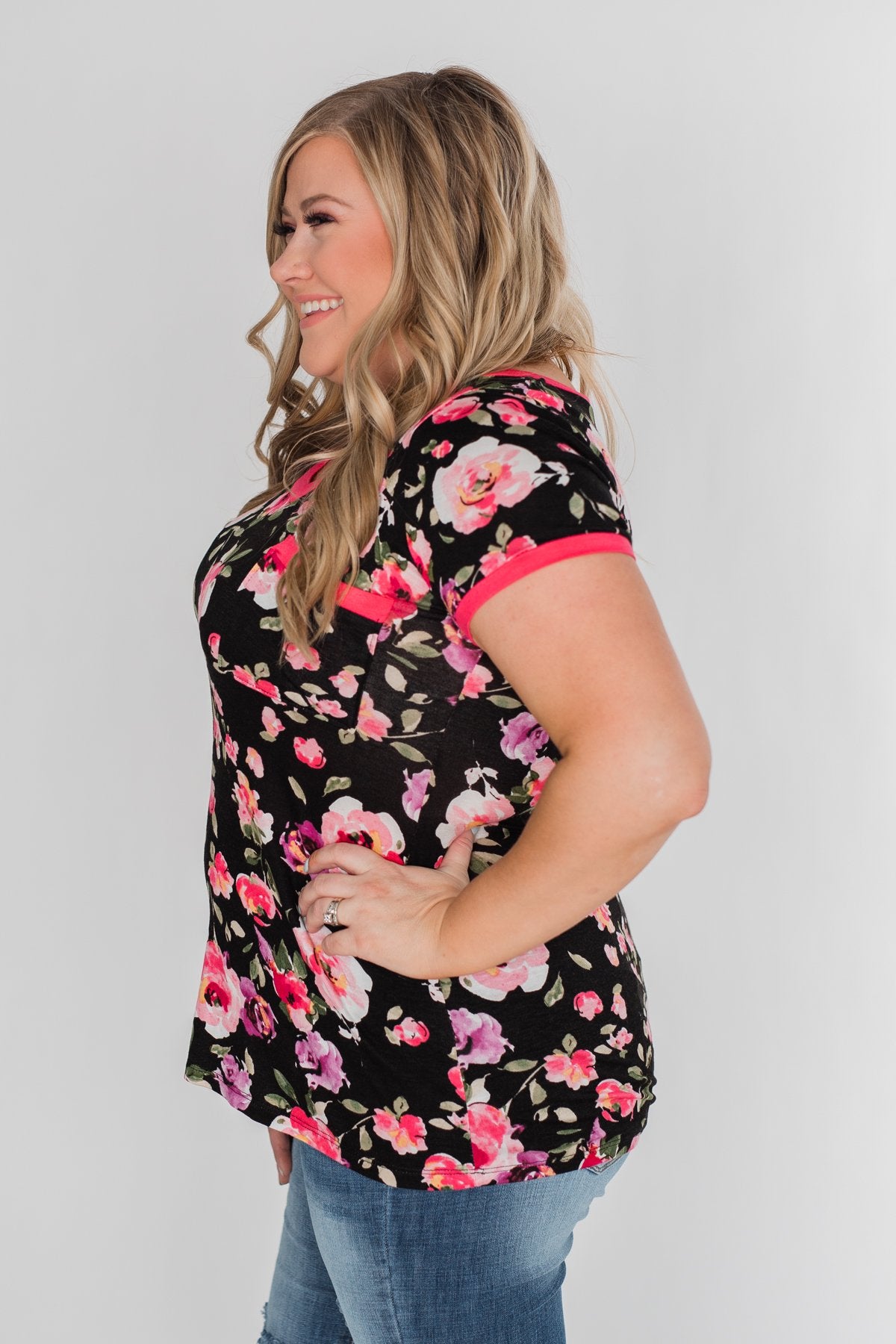 Borrow my Heart Floral V-Neck Pocket Top- Black