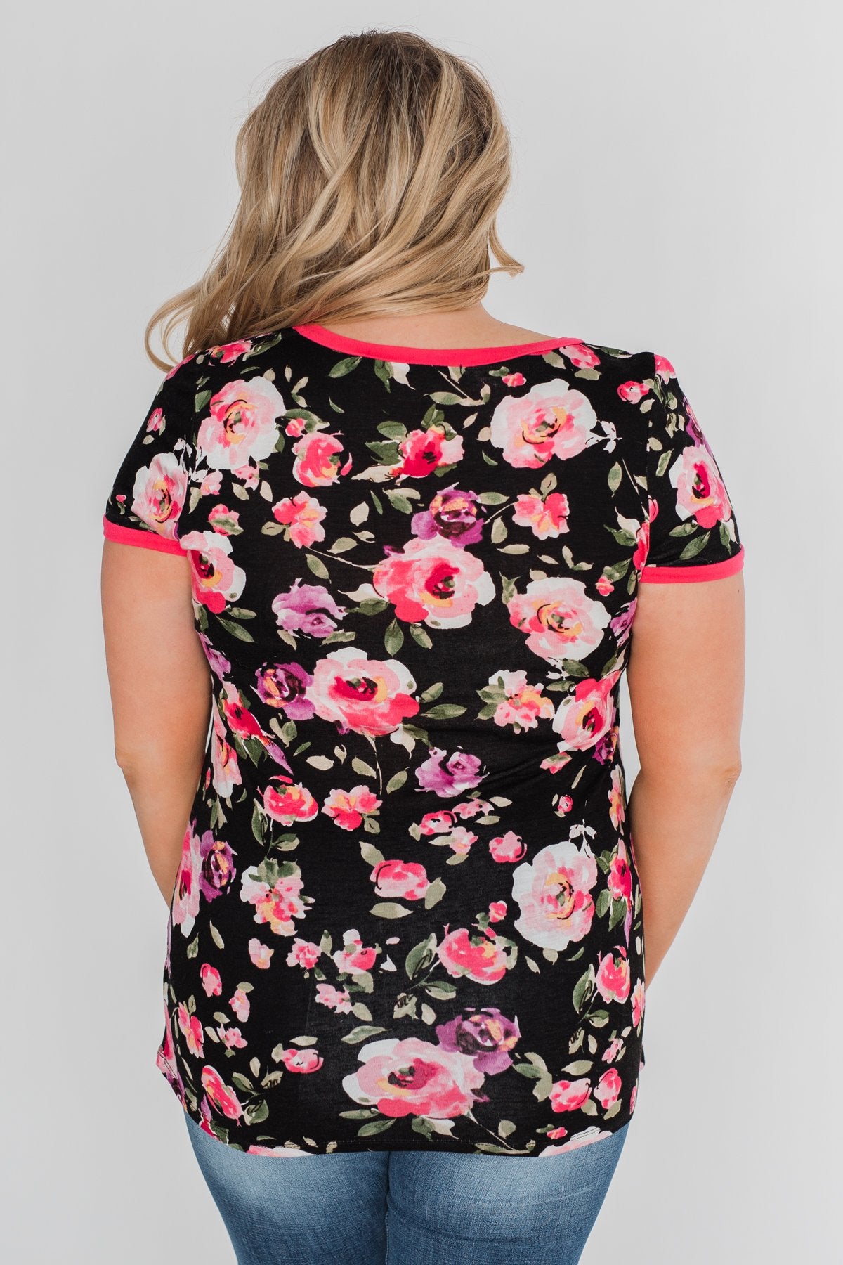 Borrow my Heart Floral V-Neck Pocket Top- Black