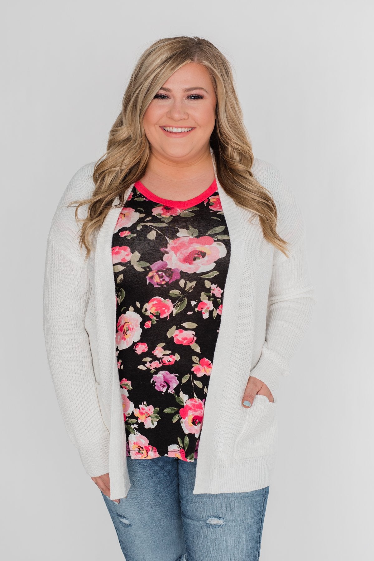 Borrow my Heart Floral V-Neck Pocket Top- Black