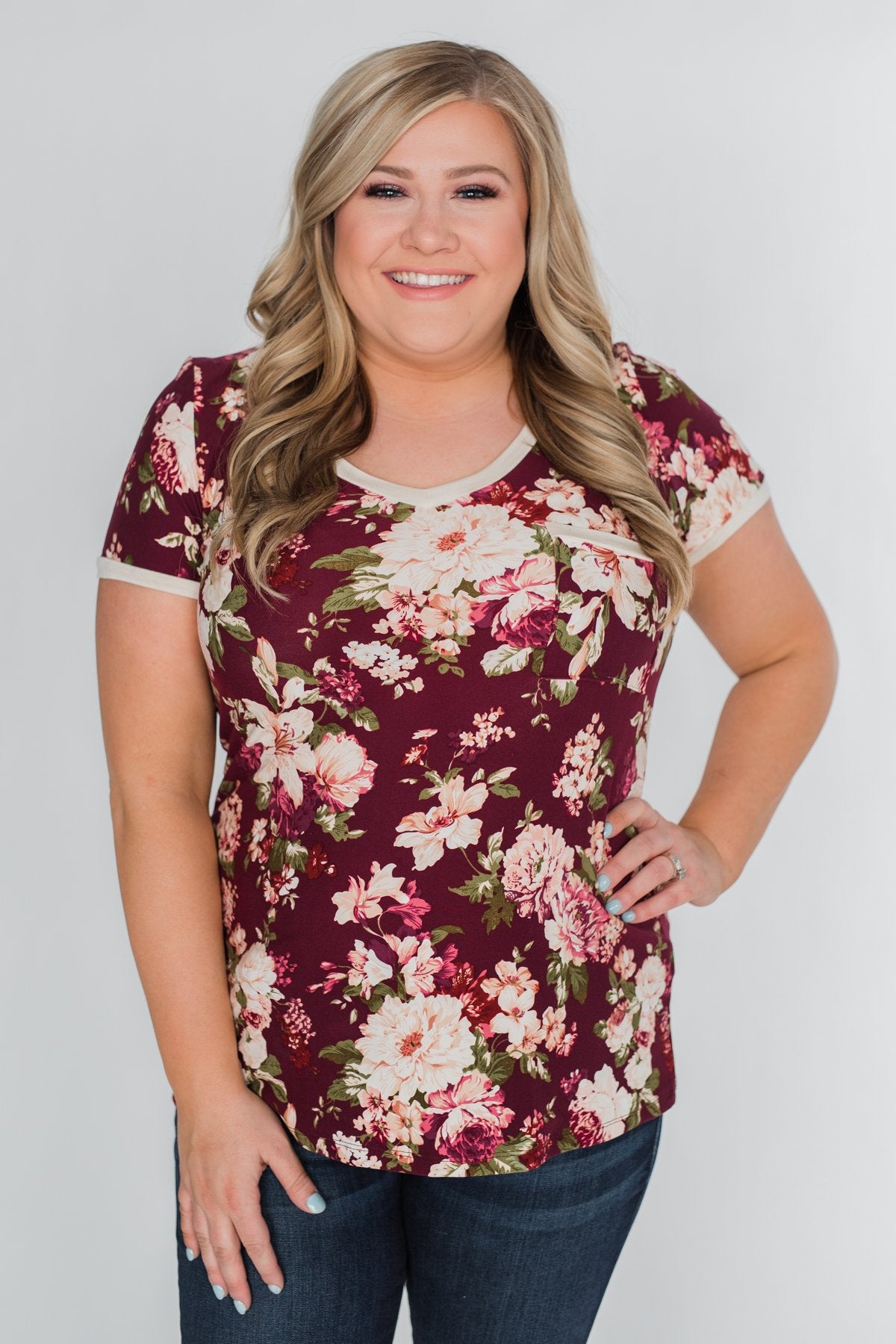 Love Grows Floral V-Neck Top- Eggplant