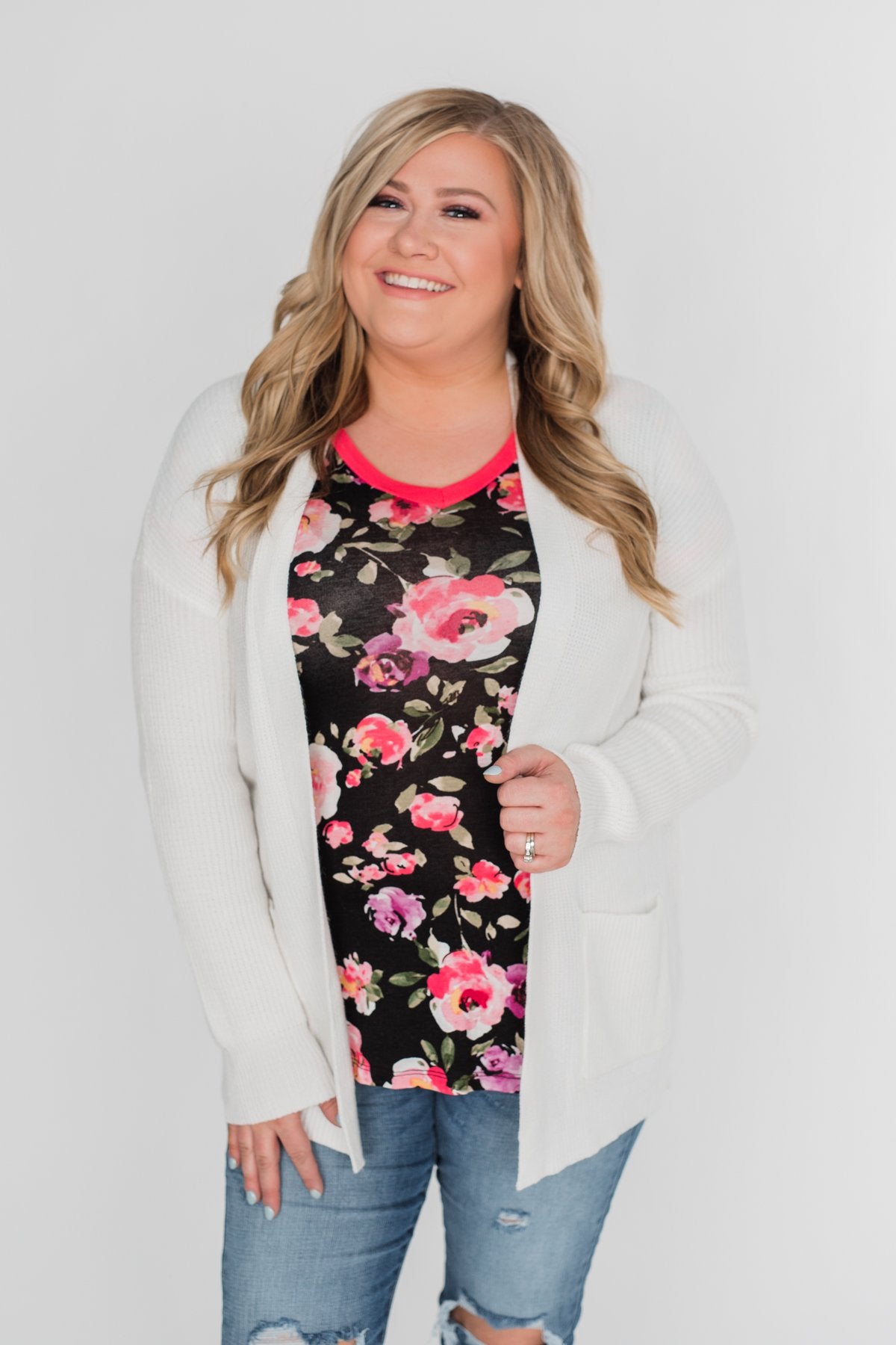 Borrow my Heart Floral V-Neck Pocket Top- Black