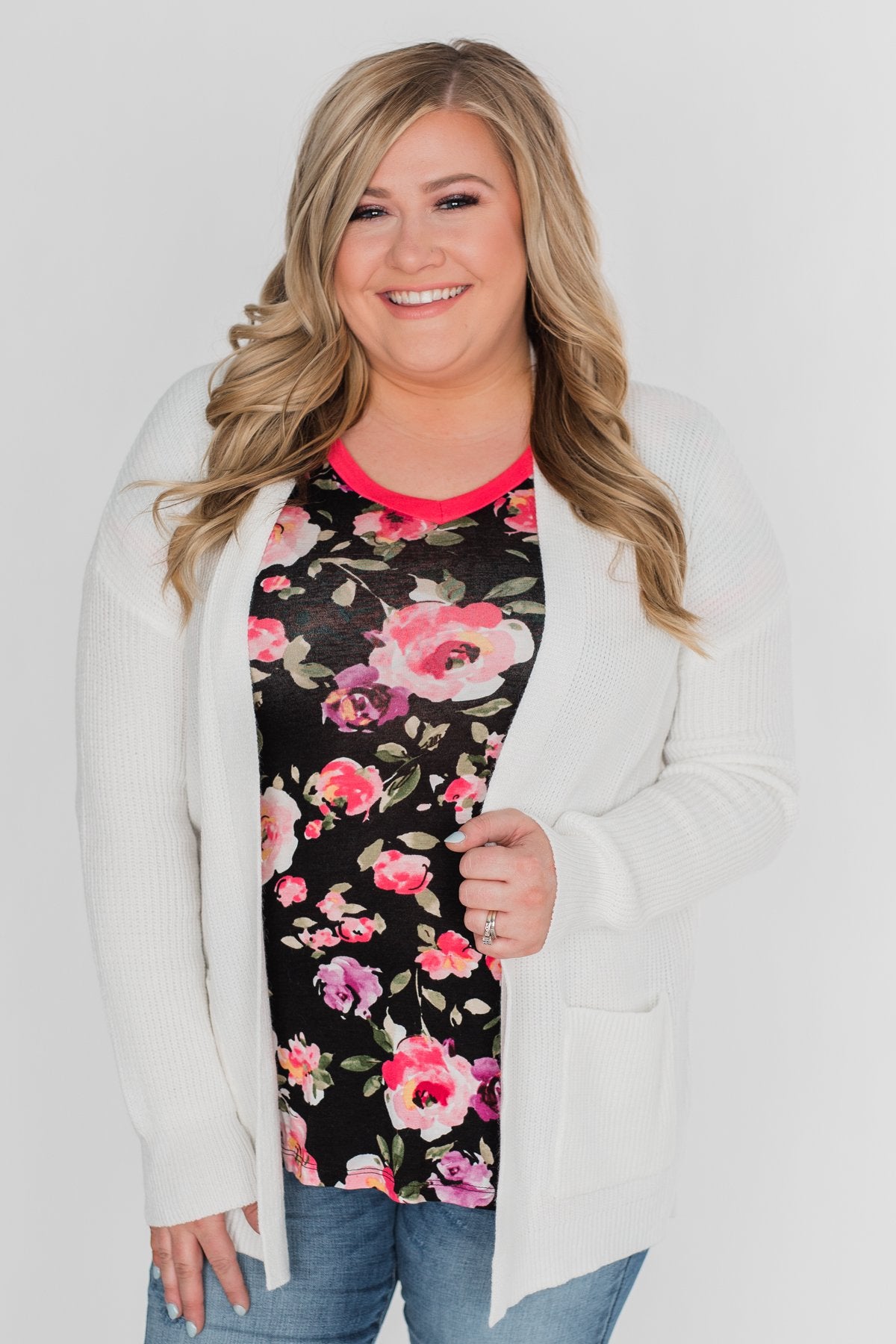 Borrow my Heart Floral V-Neck Pocket Top- Black