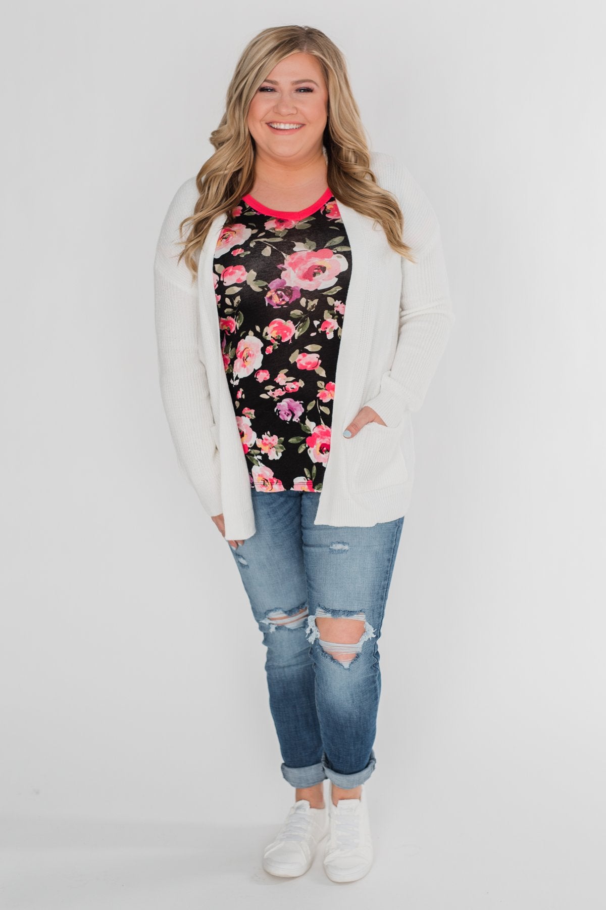 Borrow my Heart Floral V-Neck Pocket Top- Black