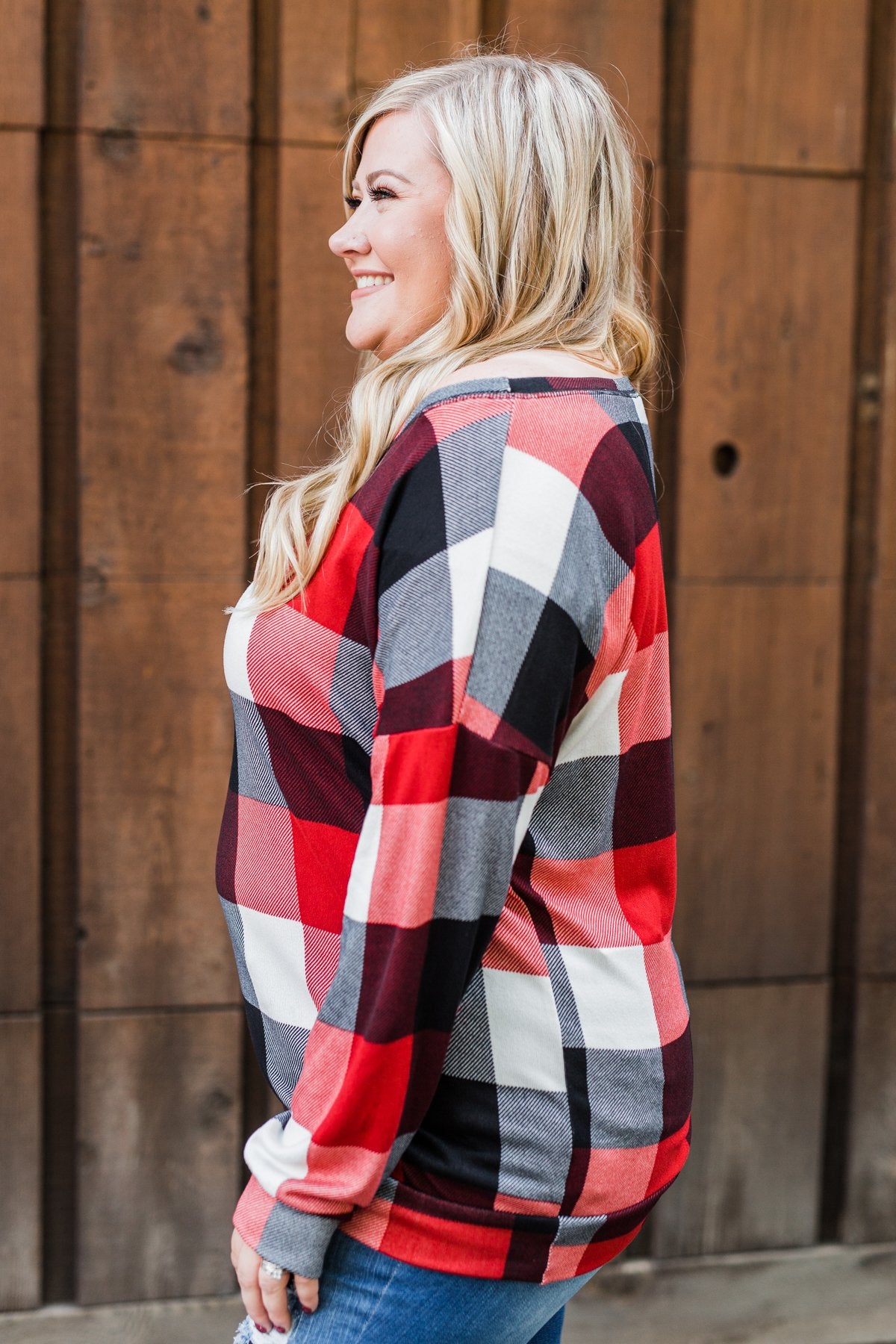 Yours Truly Checkered Off The Shoulder Top- Red